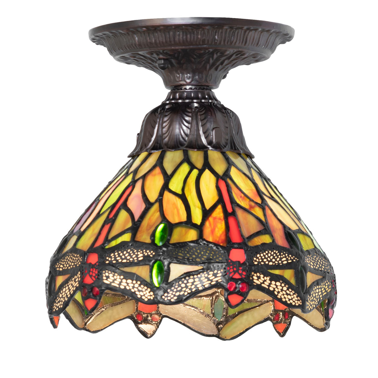 front view of tiffany hanginghead dragonfly flushmount with stained glass dragonfly design.
