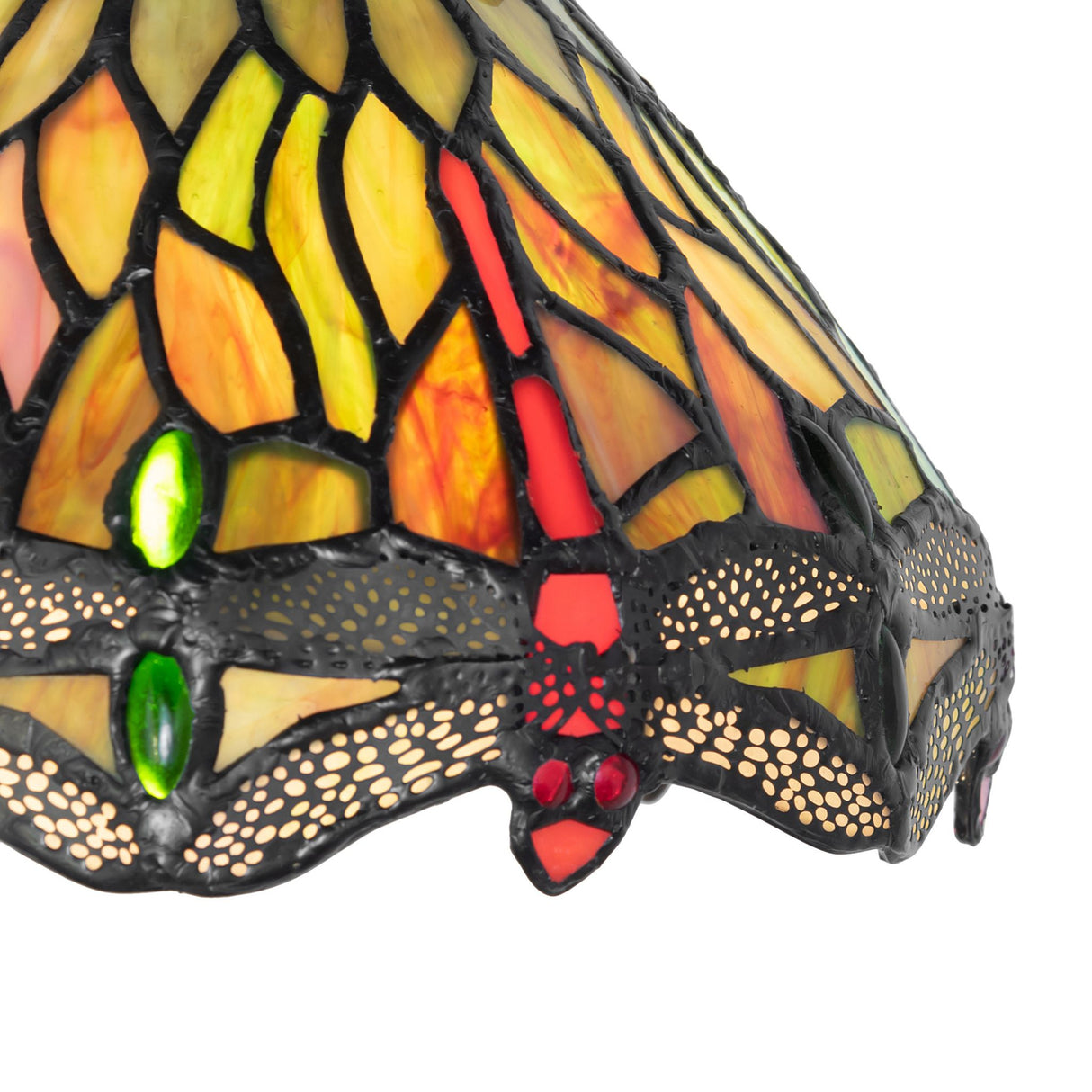 detailed view of red and green jeweled accents on tiffany hanginghead dragonfly flushmount.