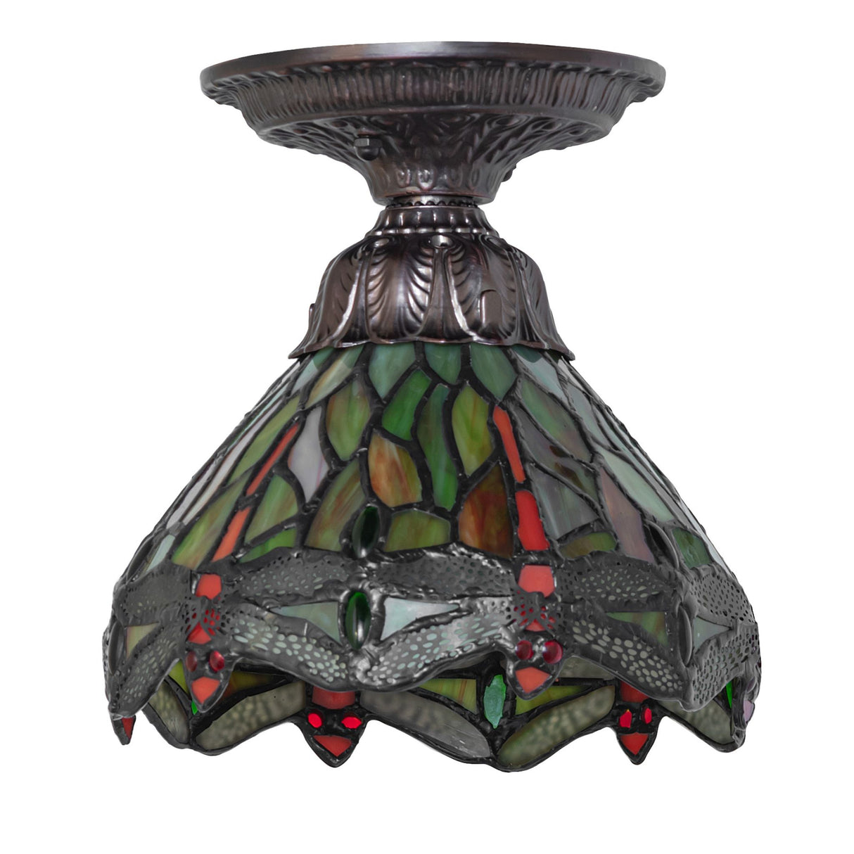 tiffany hanginghead dragonfly flushmount with lights off, showing detailed dragonfly design.
