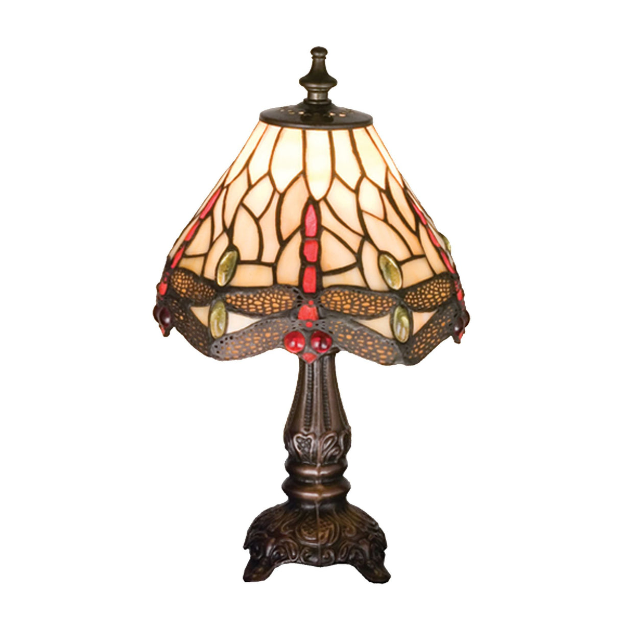 Mini lamp with dragonfly design and amber jeweled accents on a bronze base.