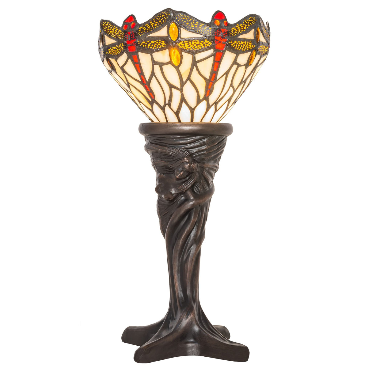 Tiffany-style dragonfly mini lamp with stained glass shade.