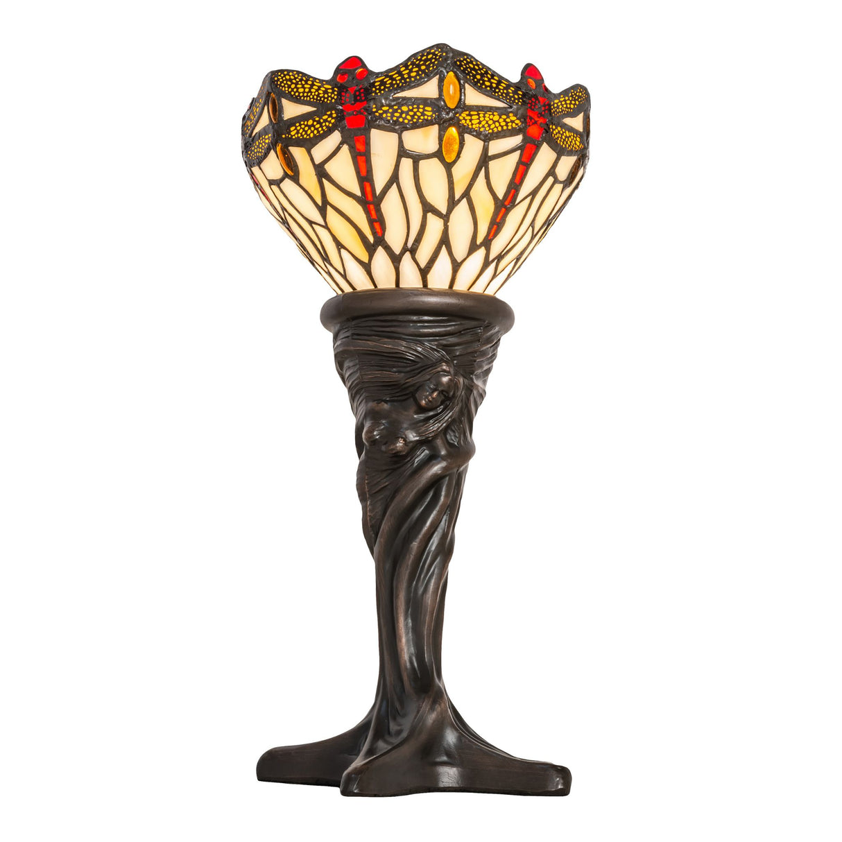 Side view of Tiffany Dragonfly Mini Lamp highlighting its intricate glass design.