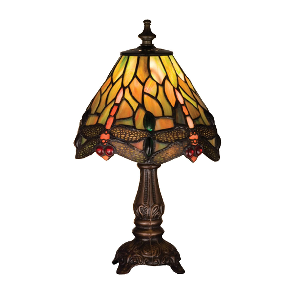 Illuminated Tiffany-style mini lamp with dragonfly stained glass shade.