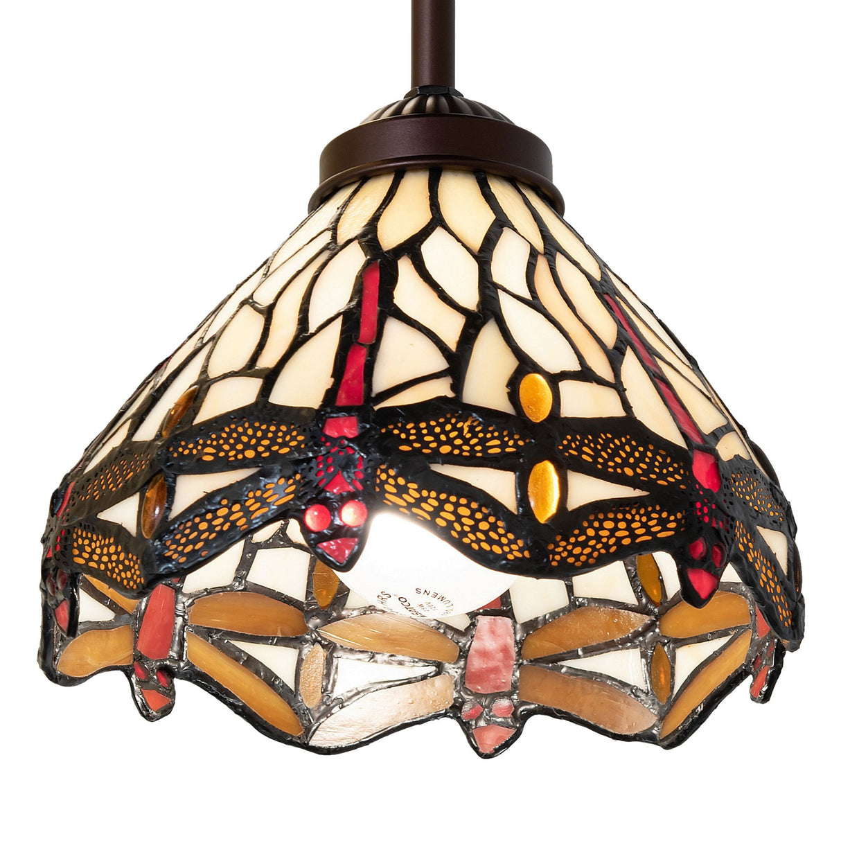 Angled view of Tiffany dragonfly pendant highlighting its design.