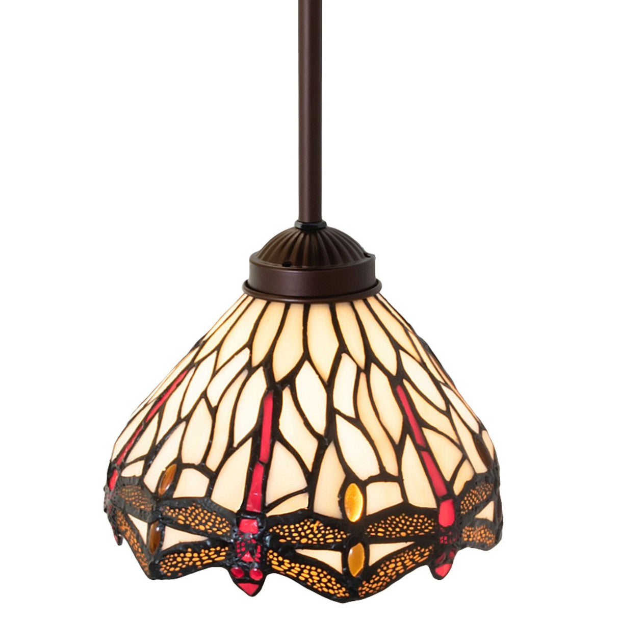 Top view of dragonfly pendant showing glass and fixture details.