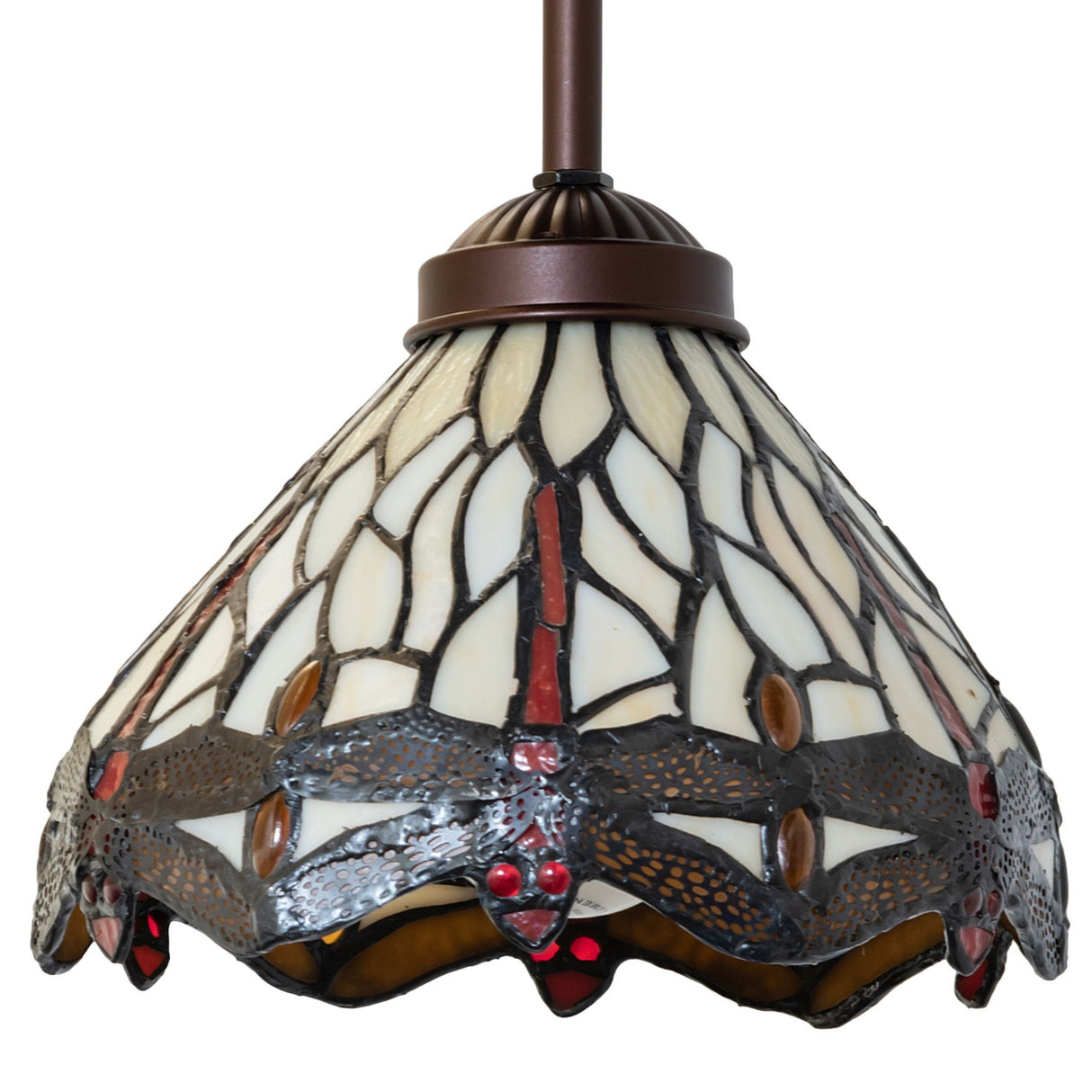 Unlit view of stained glass craftsmanship on pendant.