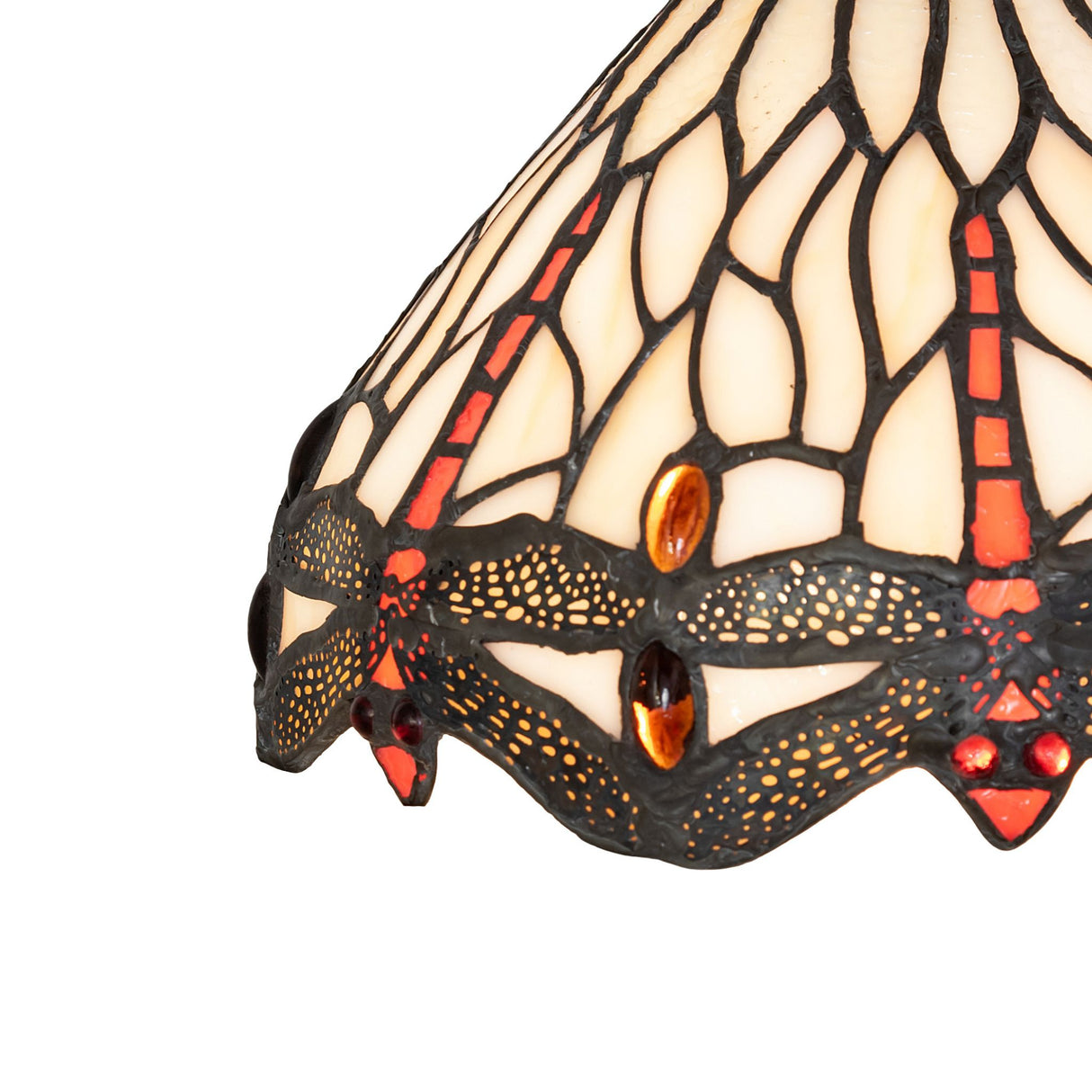 Closeup of the dragonfly shade highlighting red wings and jeweled accents.