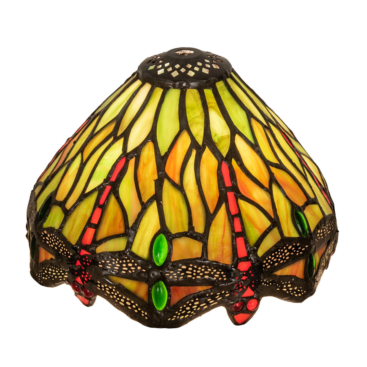 Illuminated Tiffany-style dragonfly stained glass shade in green and orange hues.