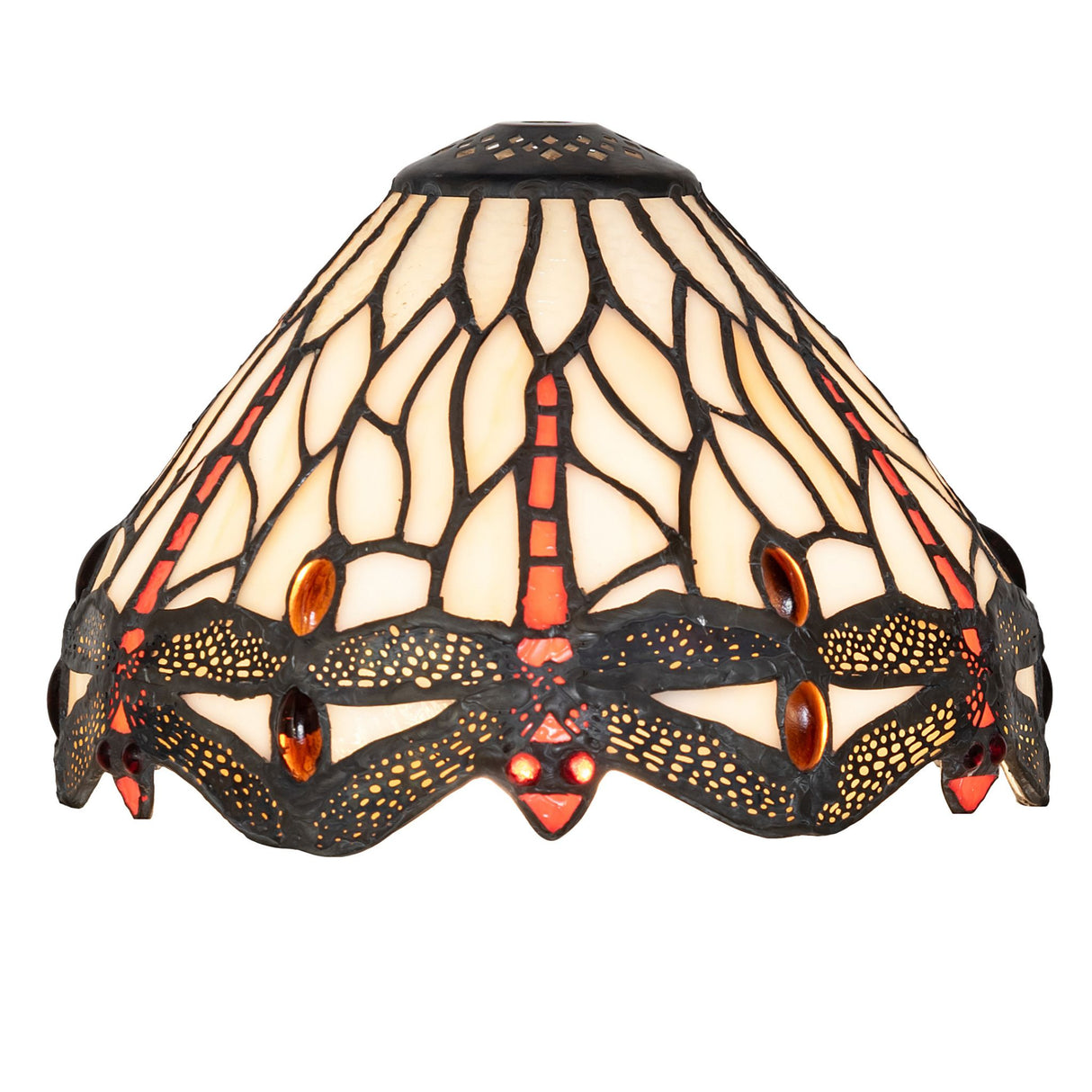 Dragonfly shade illuminated with vibrant red, amber, and yellow accents.