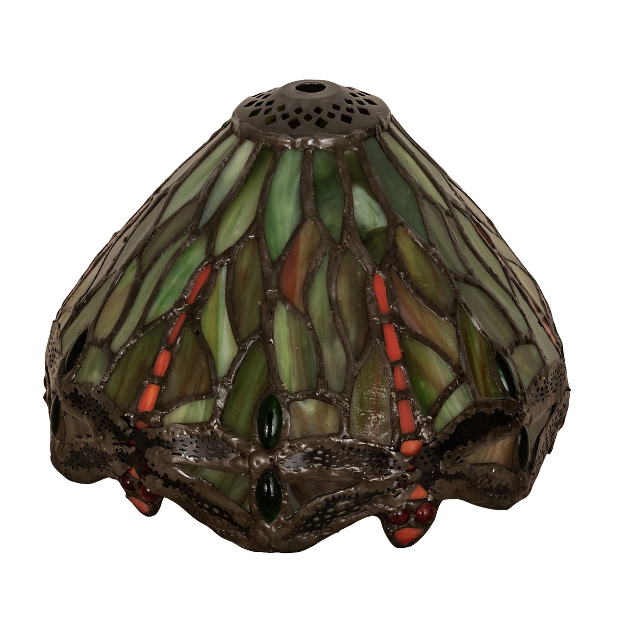 Unlit dragonfly stained glass shade featuring green and red jewel accents.