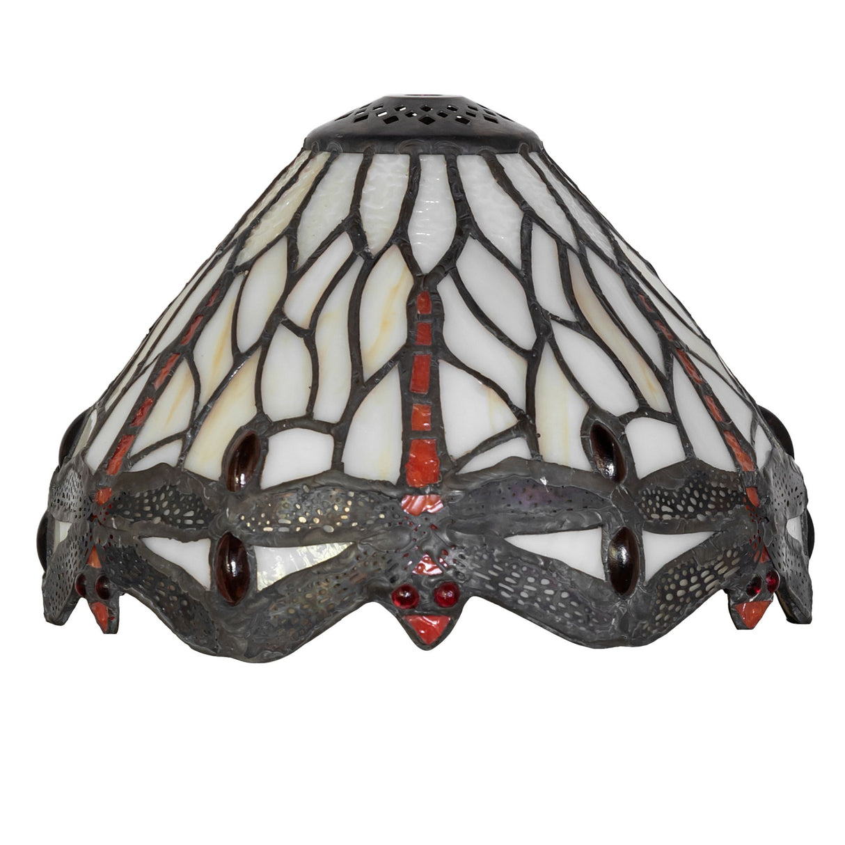 Unlit dragonfly shade showcasing intricate red and amber glass details.
