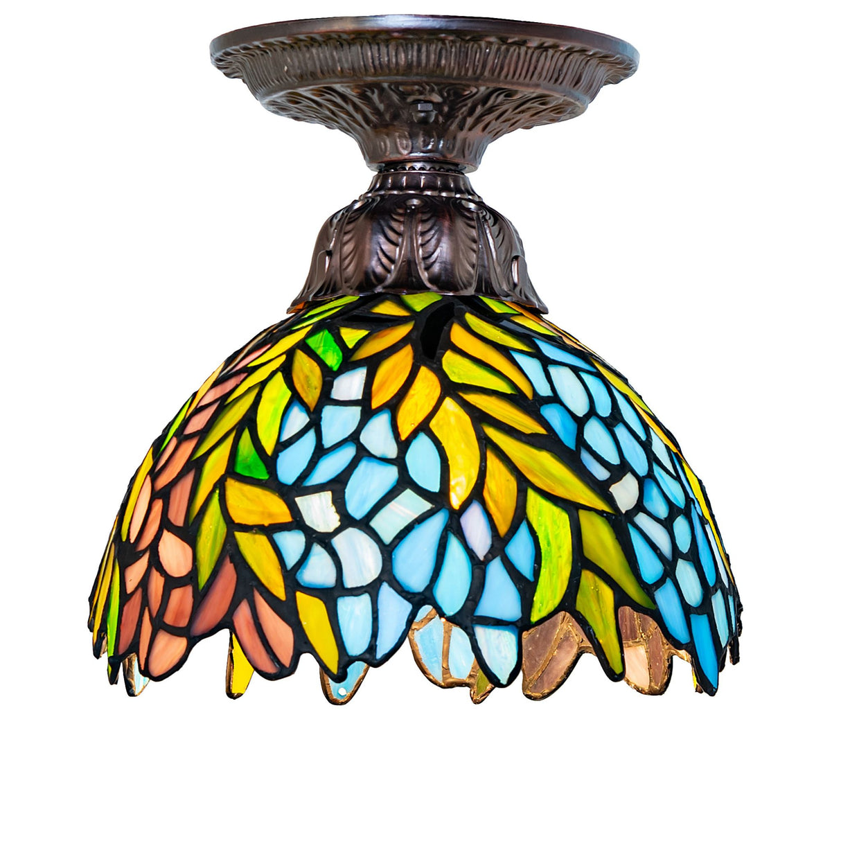 front view of tiffany honey locust flushmount with floral stained glass design.