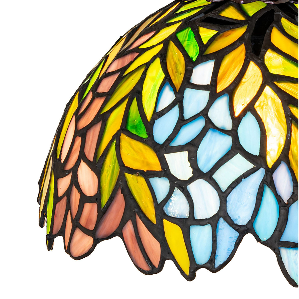 detailed view of floral and leaf patterns on tiffany honey locust flushmount.