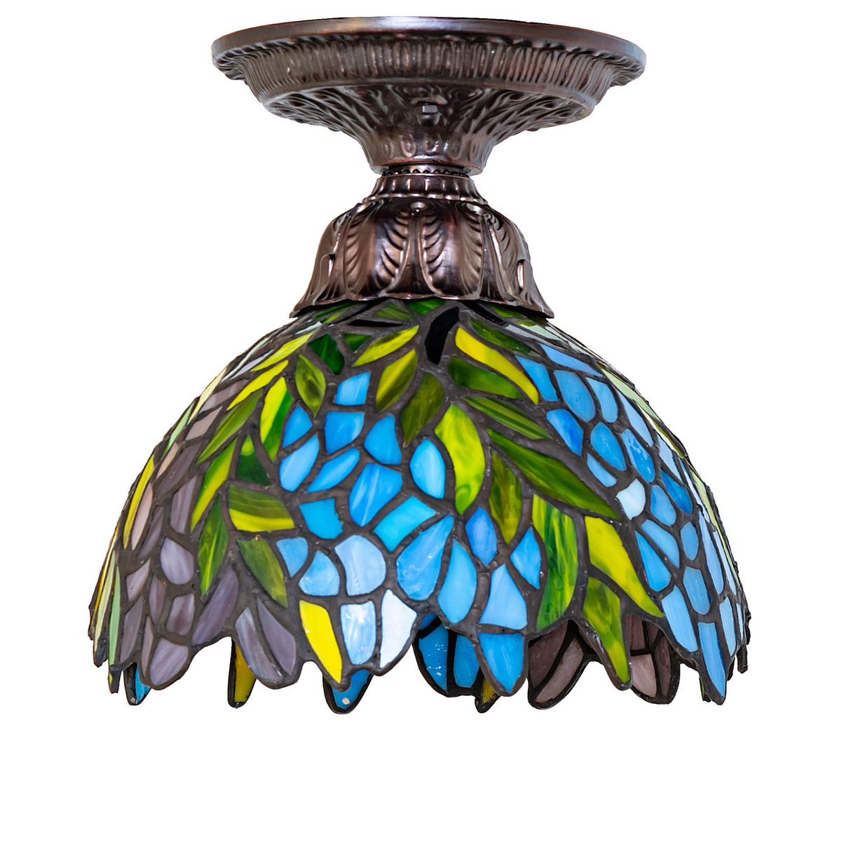 tiffany honey locust flushmount with lights off, highlighting floral glass detail.
