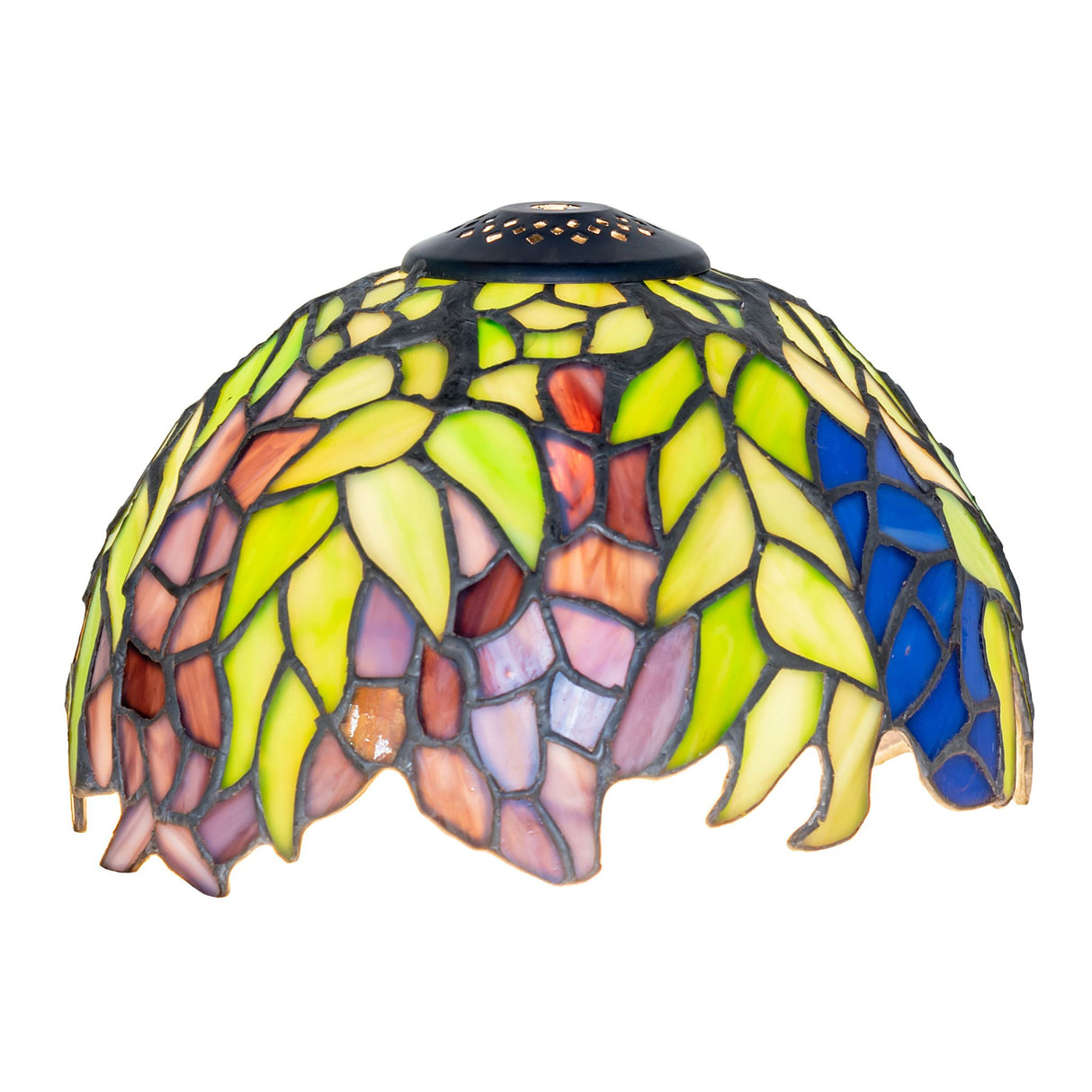 Illuminated Tiffany Honey Locust shade with vibrant floral and leaf patterns.