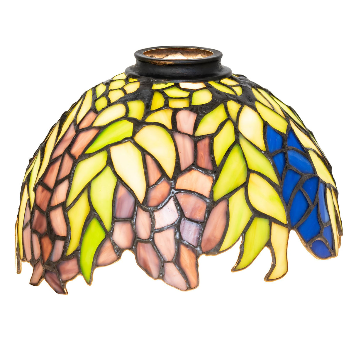 Illuminated Tiffany Honey Locust shade featuring floral designs with vibrant colors.