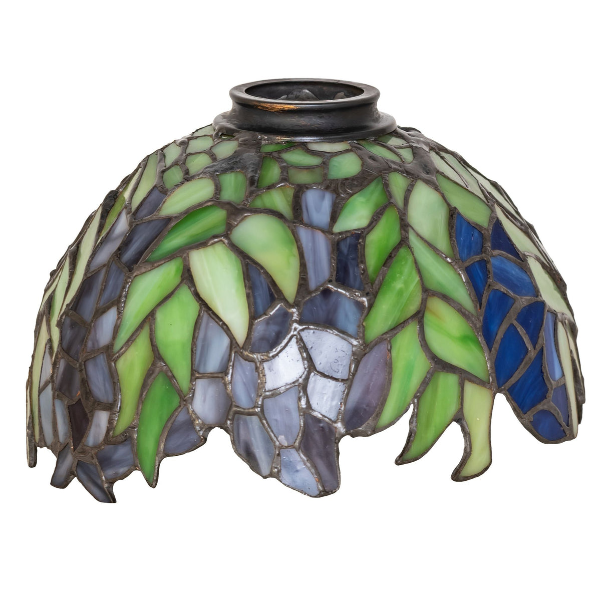 Unlit Tiffany Honey Locust shade showcasing intricate floral patterns and stained glass.