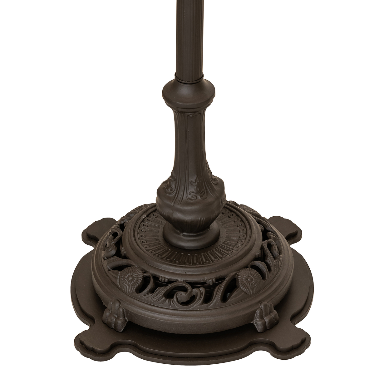 Close-up of ornate mahogany bronze lamp base detail.