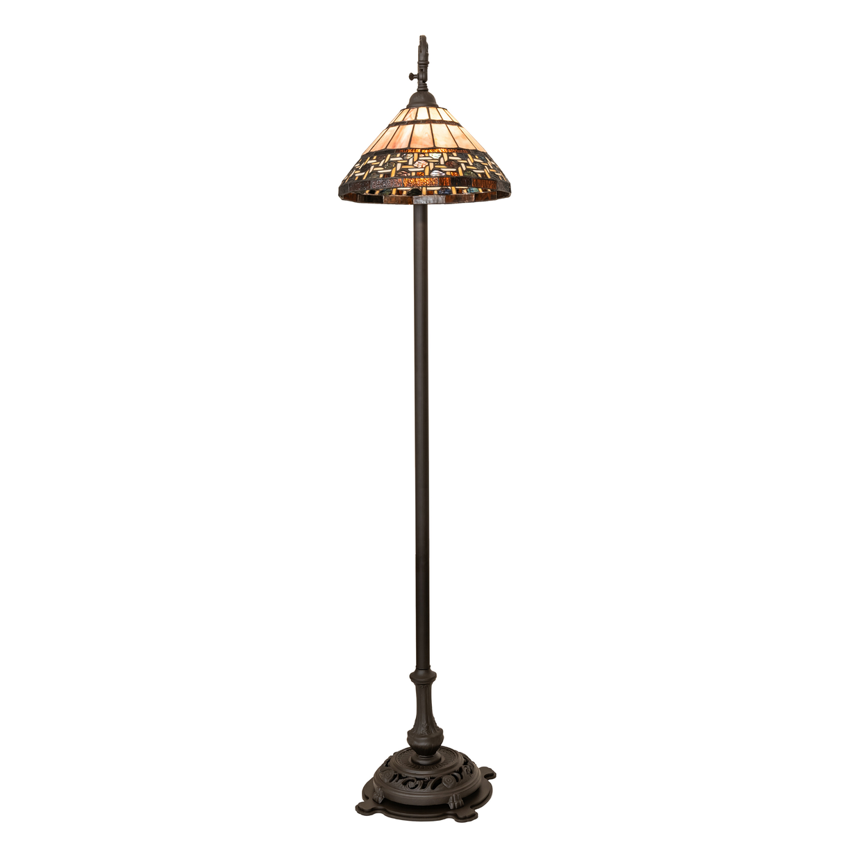 Front view of Tiffany Ilona bridge arm lamp showcasing artistry.