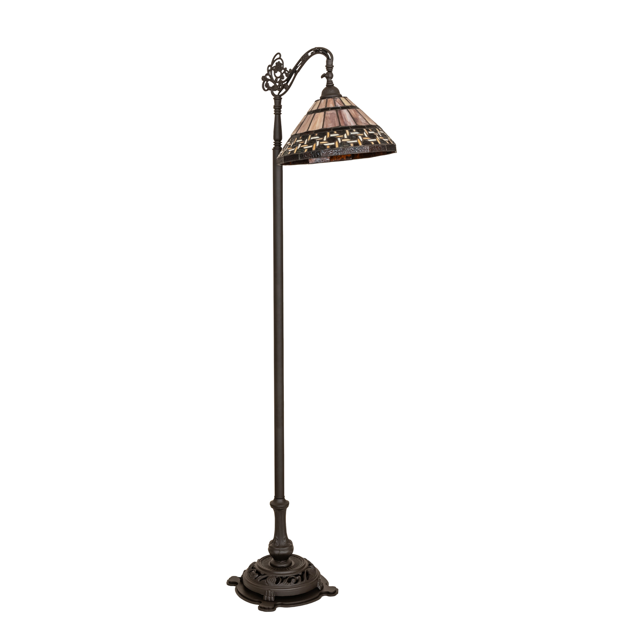 Tiffany-style Ilona bridge arm floor lamp with stained glass shade.