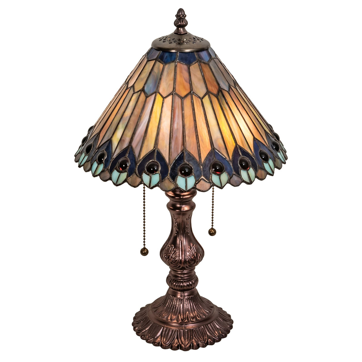 Tiffany Jeweled Peacock accent lamp illuminated, showcasing vibrant stained glass.