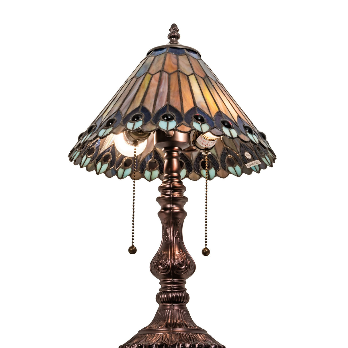 Tiffany Jeweled Peacock lamp with exposed bulbs, showcasing its dual-light fixture design.
