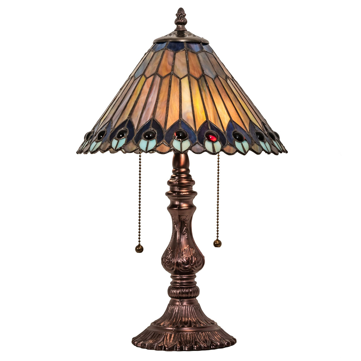 Side-angle of the Tiffany Jeweled Peacock lamp with a detailed bronze-finished base.
