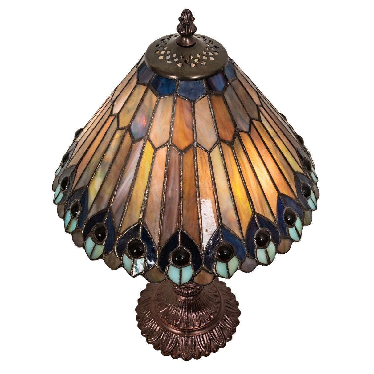 Top view of the Tiffany Jeweled Peacock lamp highlighting its handcrafted stained glass.