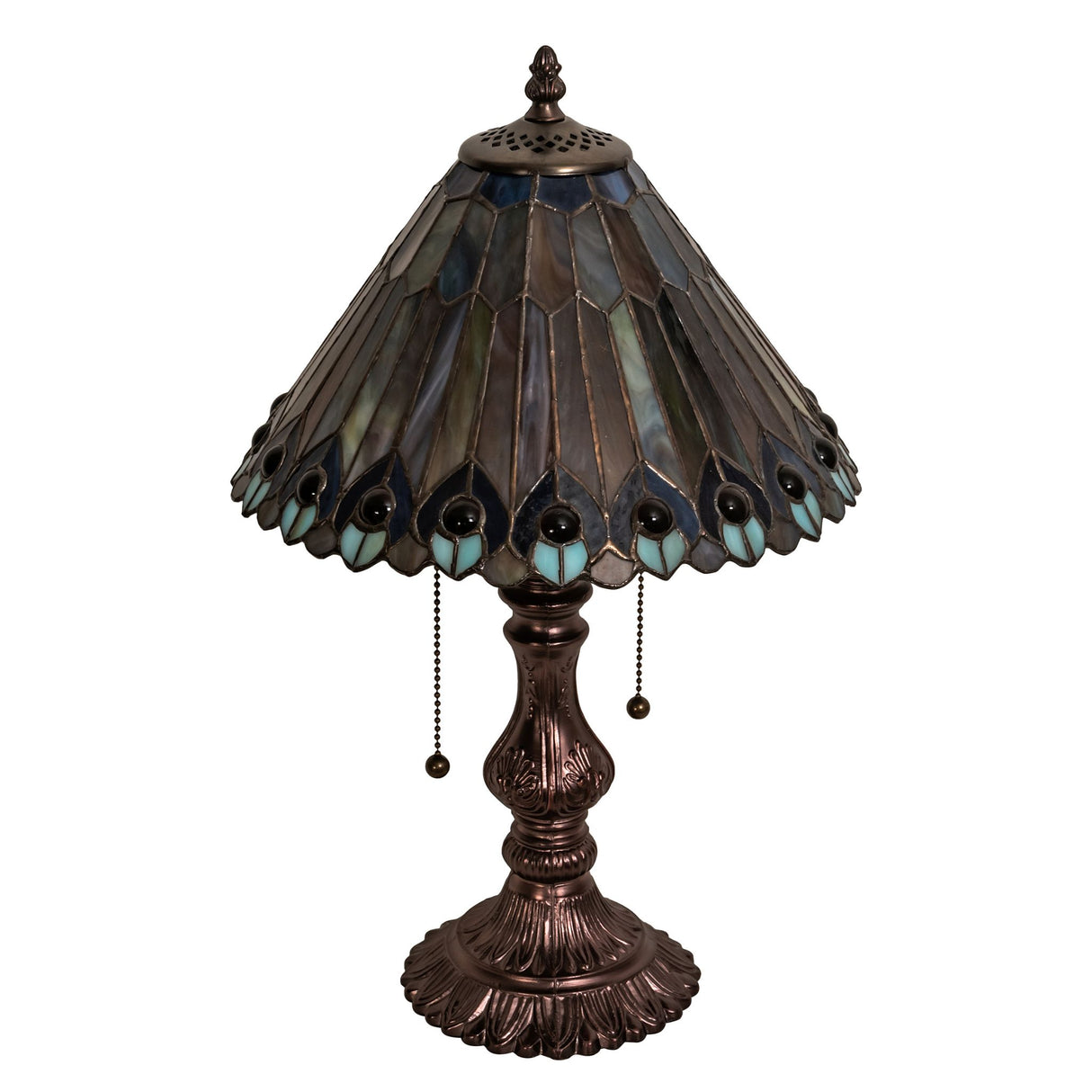 Tiffany Jeweled Peacock accent lamp with intricate stained glass details, unlit.