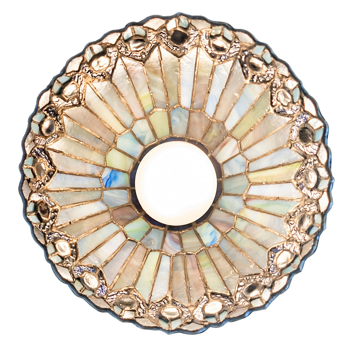 Bottom view of Tiffany Jeweled Peacock flushmount.