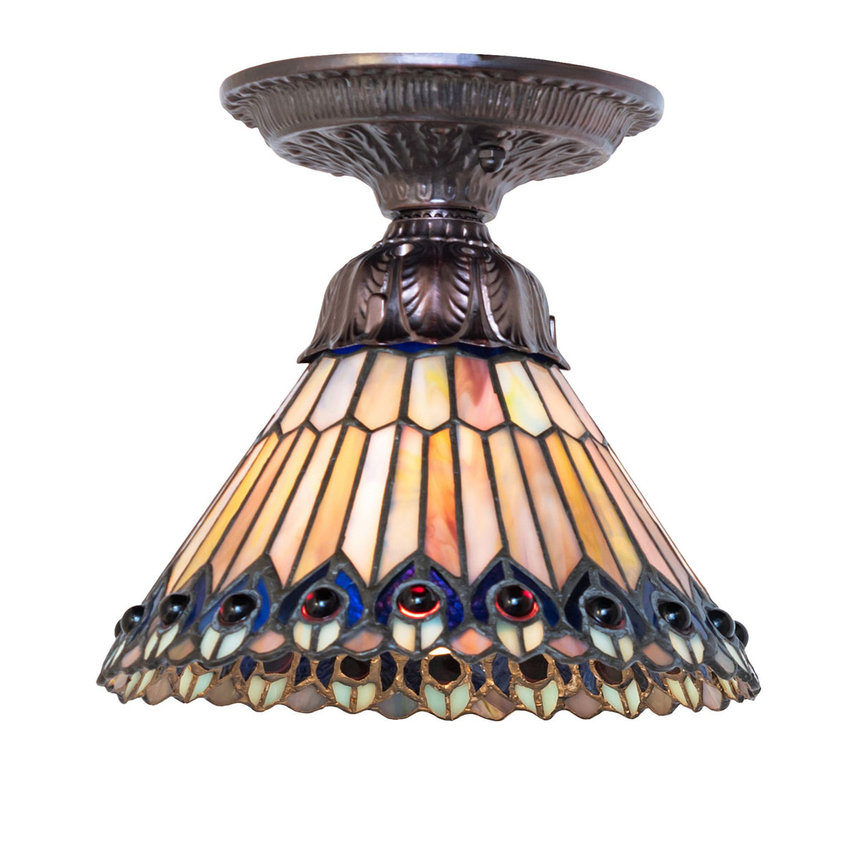 Front view of Tiffany Jeweled Peacock flushmount.