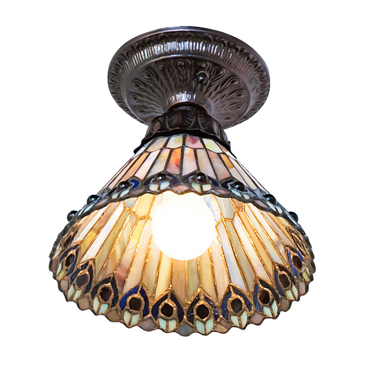 Lit view of Tiffany Jeweled Peacock flushmount showing vibrant colors.