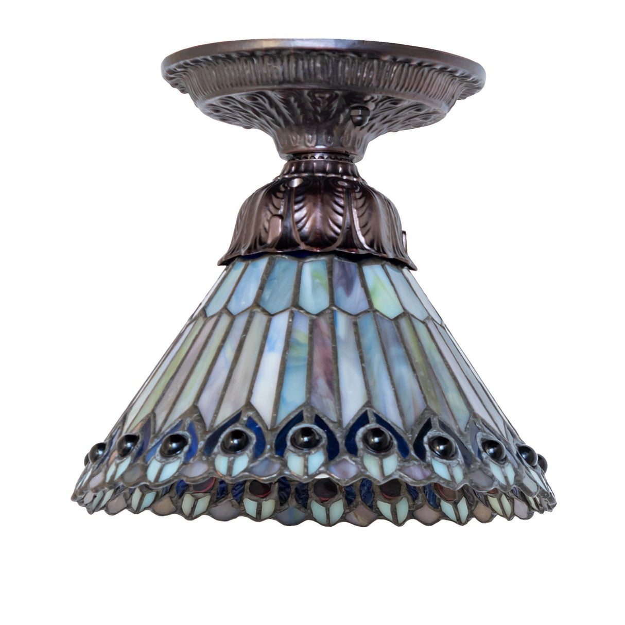 Side angle of Tiffany Jeweled Peacock flushmount.