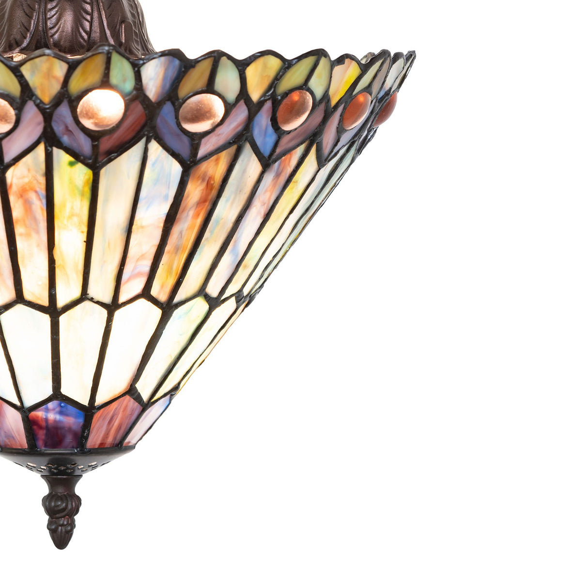 detailed glass view of colorful peacock feather design on tiffany pendant.