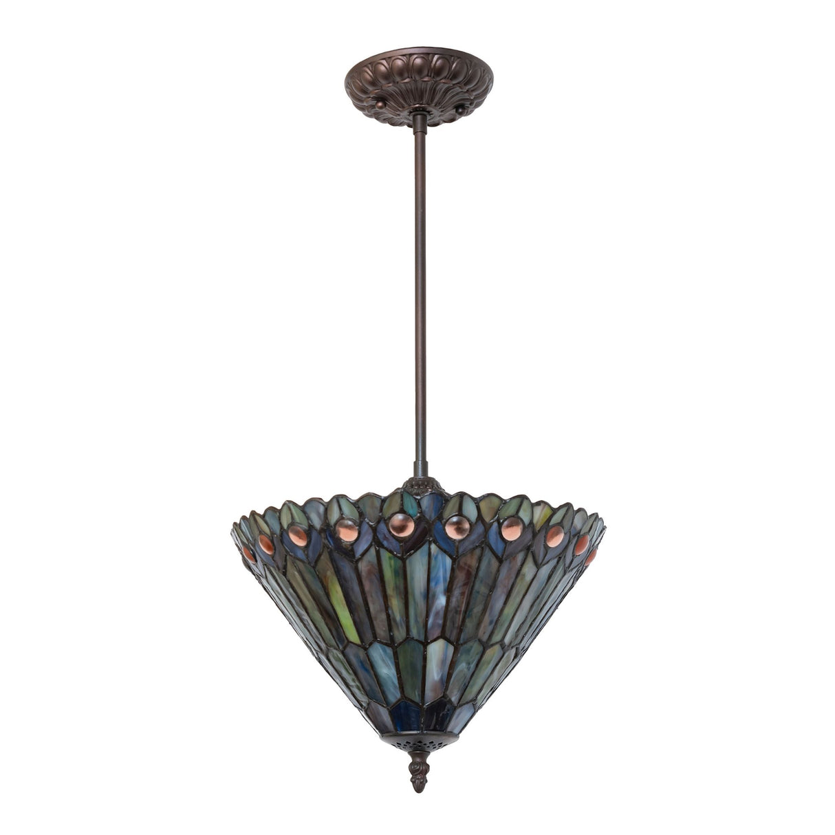 unlit tiffany jeweled peacock pendant showcasing intricate feather details.
