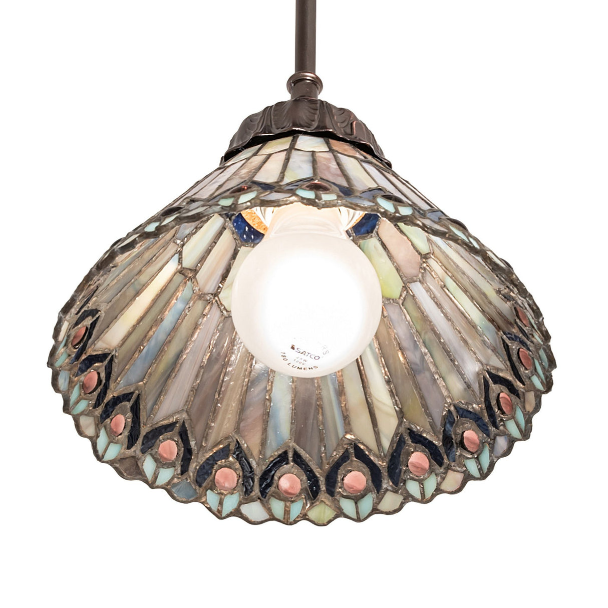 Bottom-angle view of the Tiffany Jeweled Peacock Mini Pendant displaying its elegant craftsmanship.