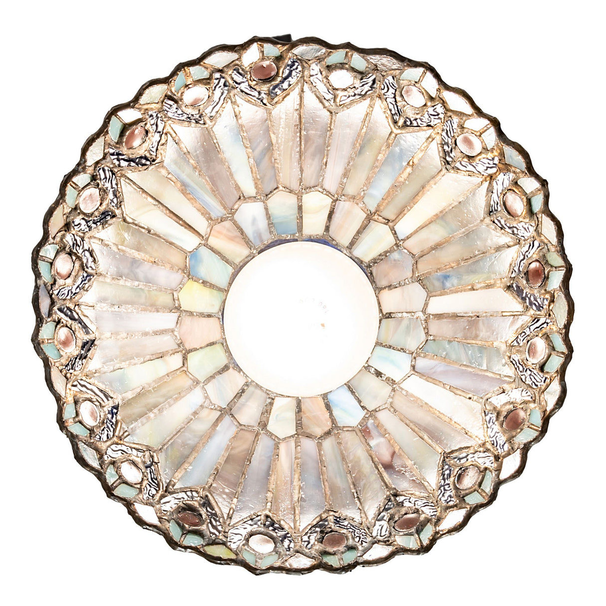 Bottom view of the Tiffany Jeweled Peacock Mini Pendant showcasing its detailed glasswork.