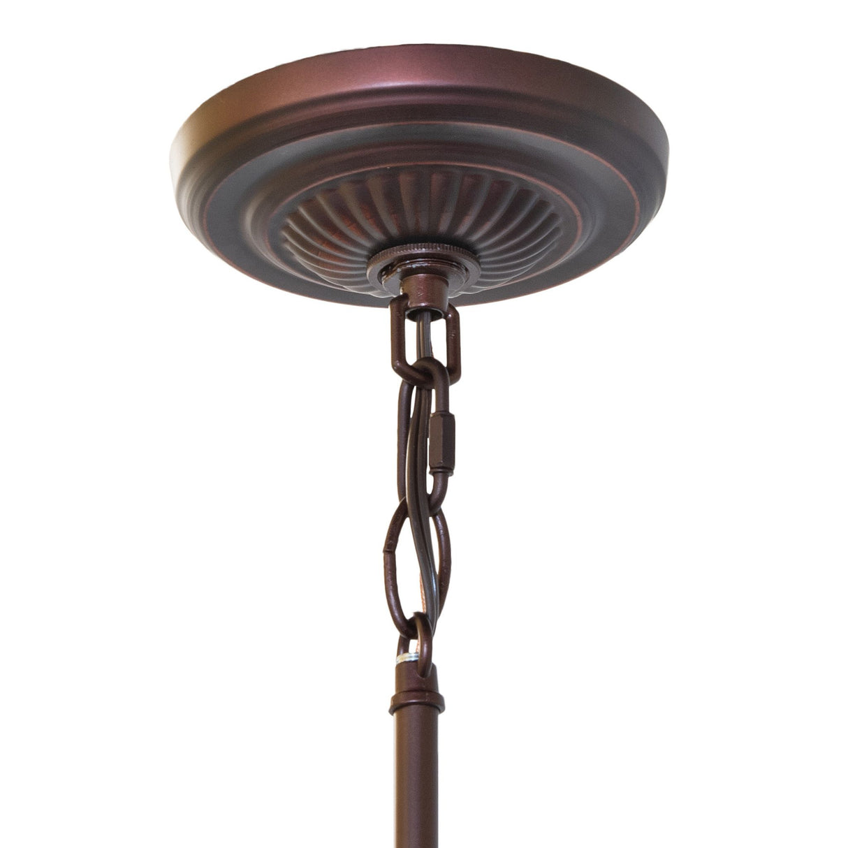 Ceiling mount hardware of Tiffany Jeweled Peacock Mini Pendant with elegant chain attachment.