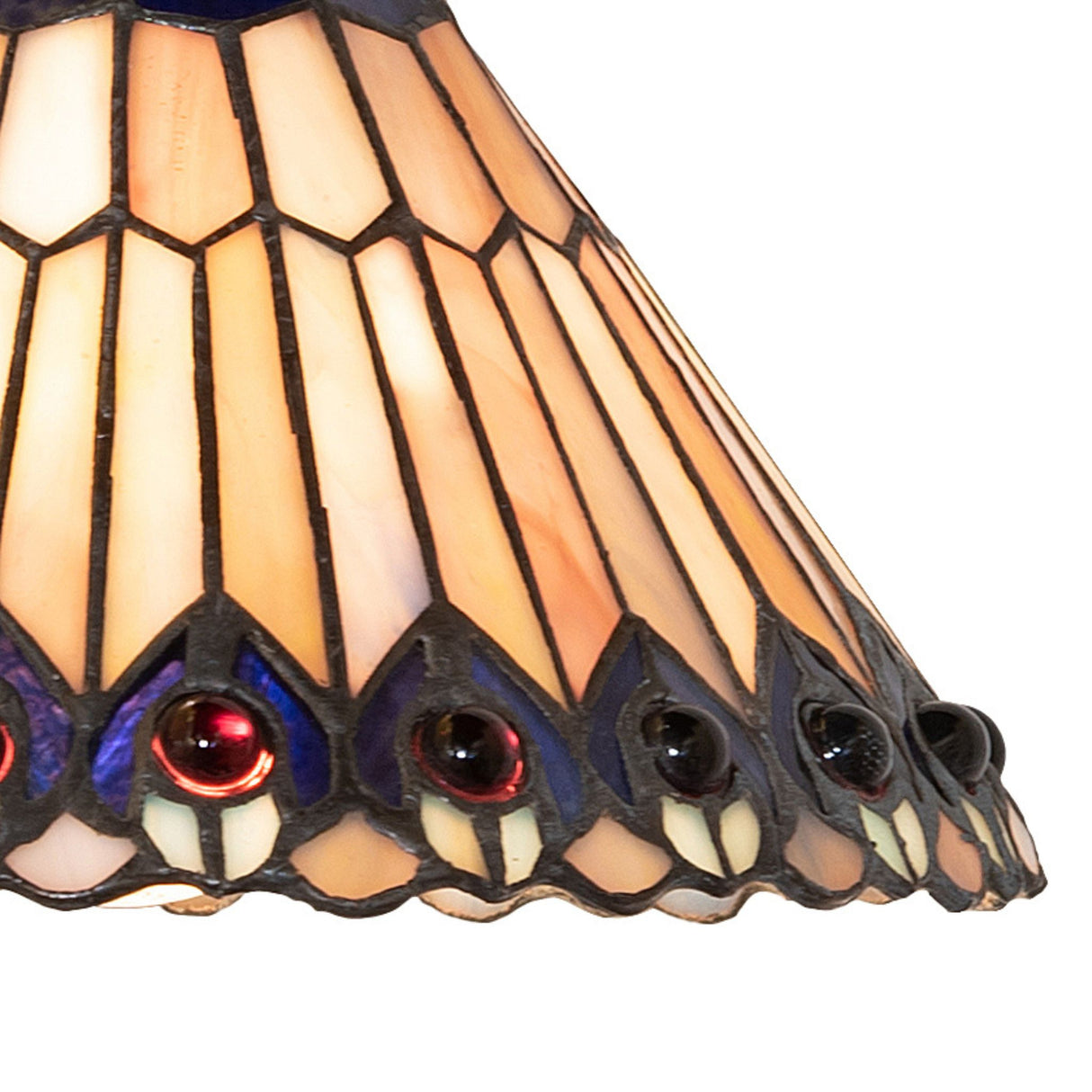 Close-up view of the Tiffany Jeweled Peacock Mini Pendant with rich colors and glass textures.