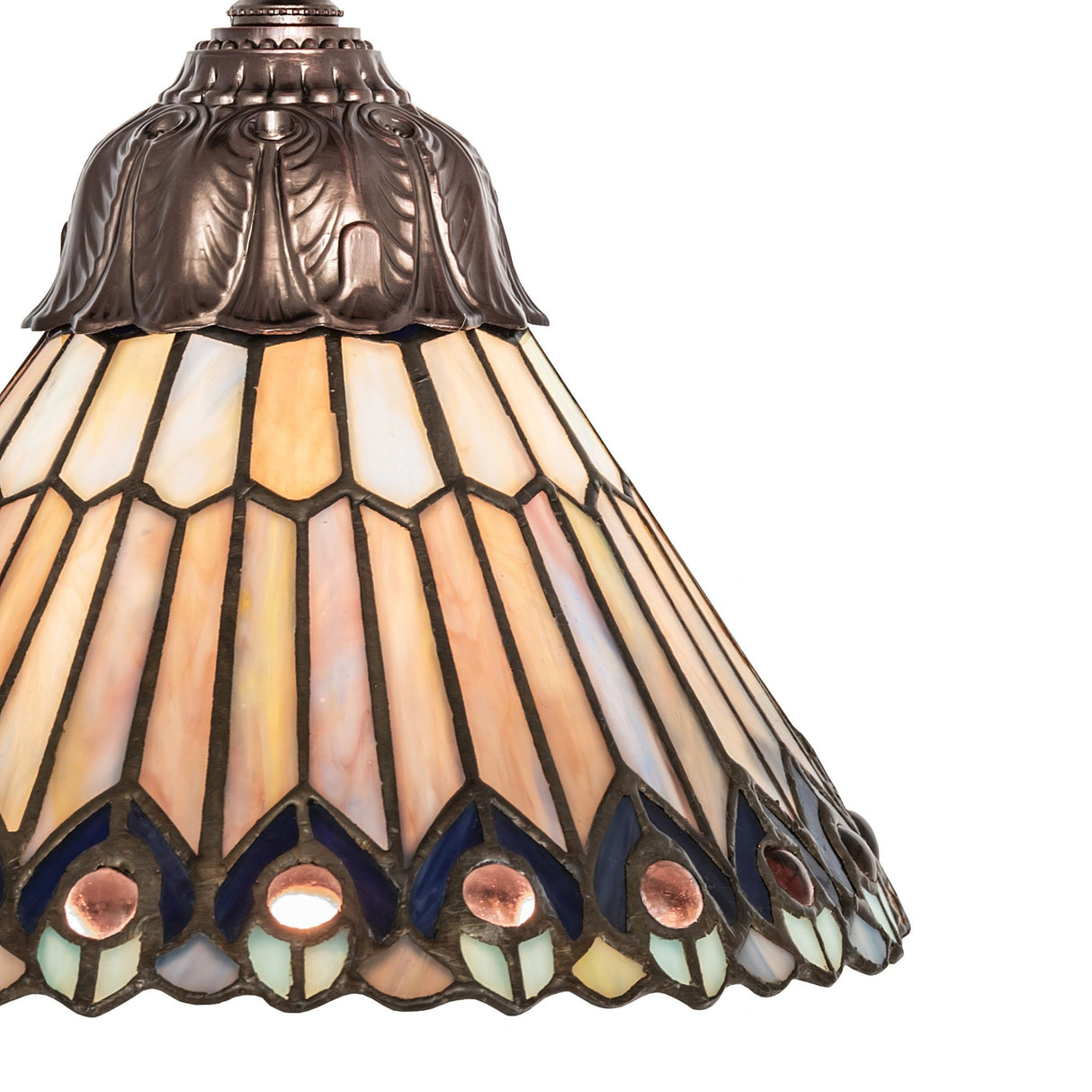 Close-up of the stained glass design on the Tiffany Jeweled Peacock Mini Pendant.