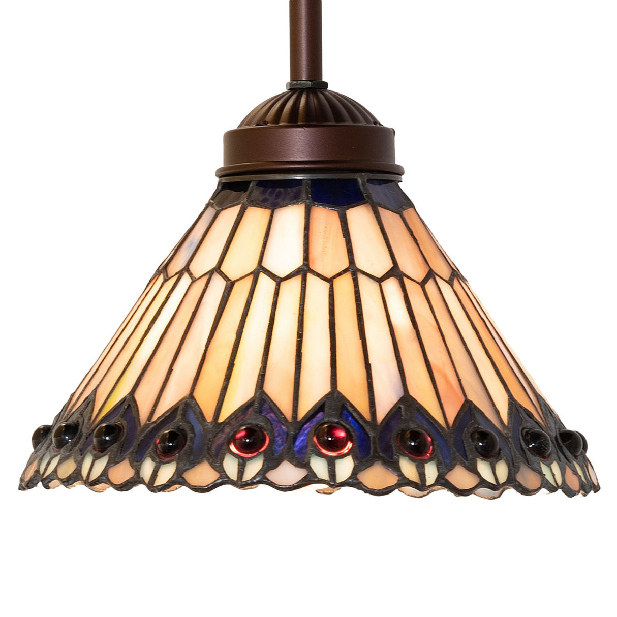 Detailed shot of Tiffany Jeweled Mini Pendant with rich stained glass and decorative jewels.