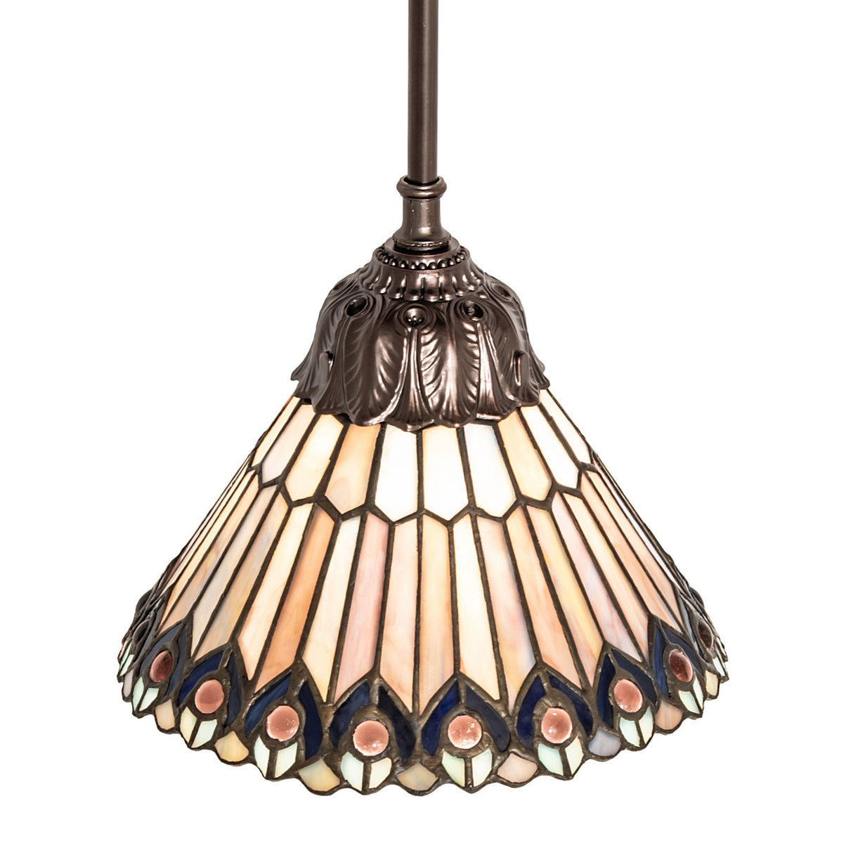 Top-down view of the Tiffany Jeweled Peacock Mini Pendant highlighting its assembly details.
