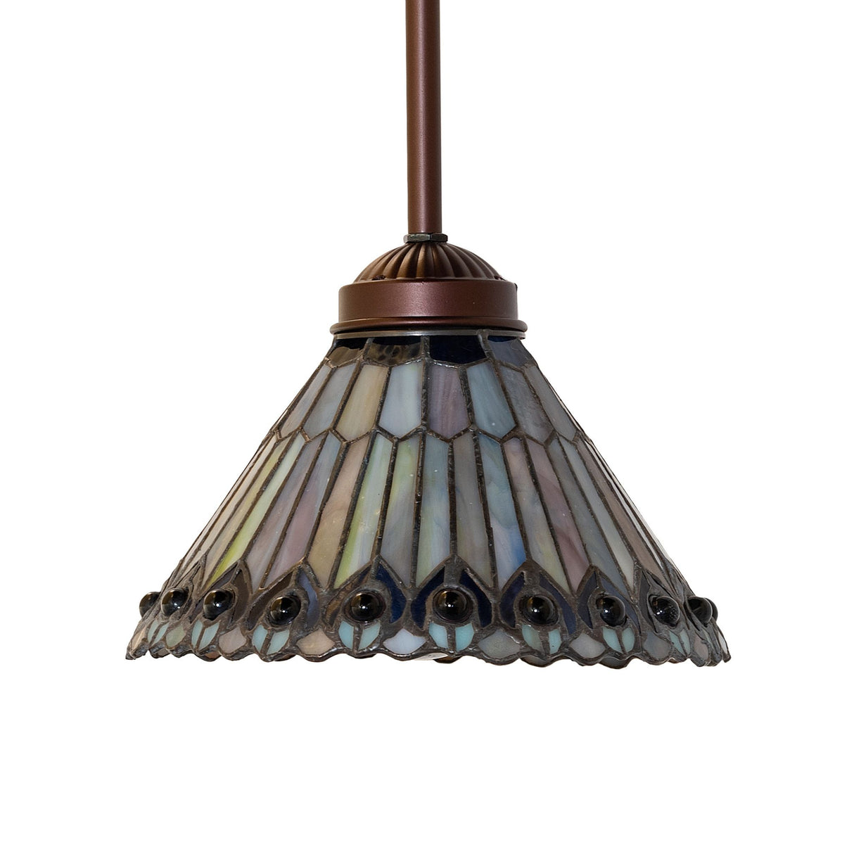 Unlit Tiffany Jeweled Peacock Mini Pendant revealing detailed stained glass craftsmanship.