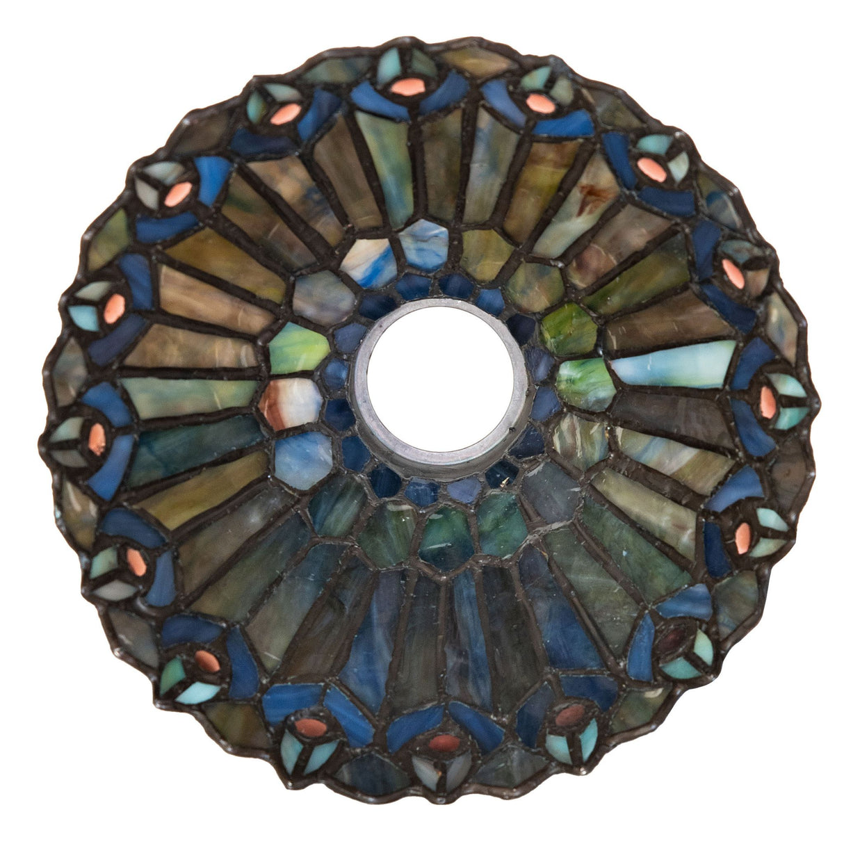 Bottom view of the Peacock shade displaying its intricate stained glass pattern and jewel details.