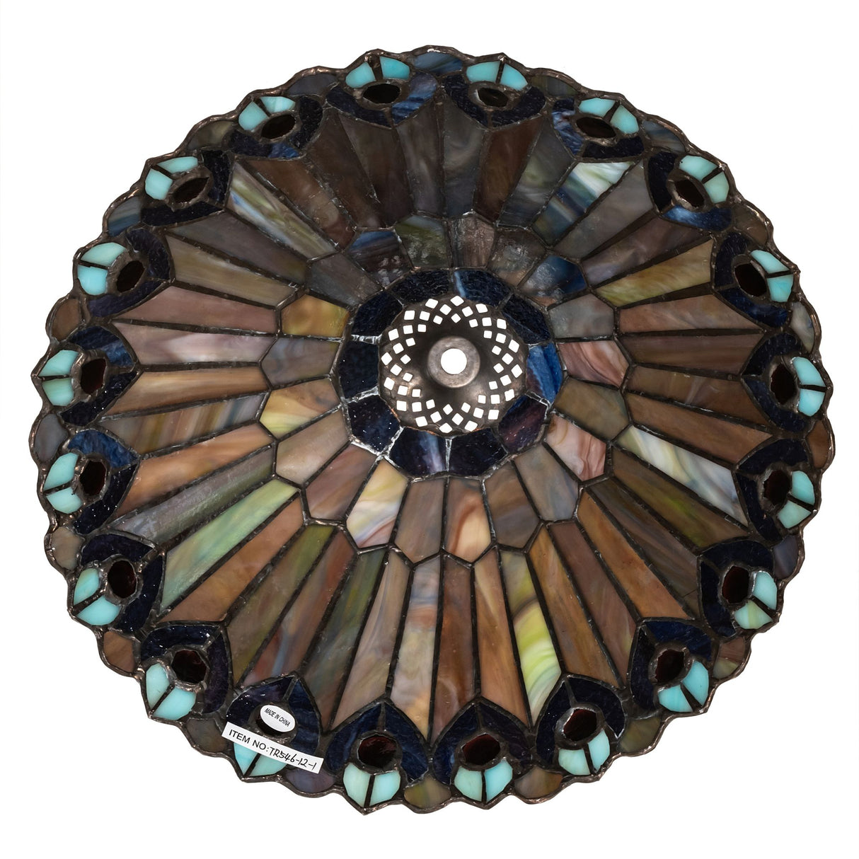 Bottom view of Jeweled Peacock shade showcasing intricate stained glass details and jewel accents.