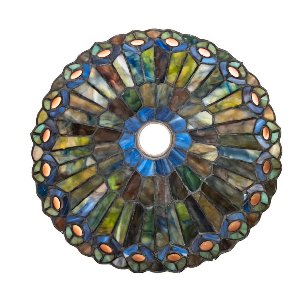 Bottom view of the Tiffany Jeweled Peacock Shade highlighting its detailed glass pattern and artistic design.
