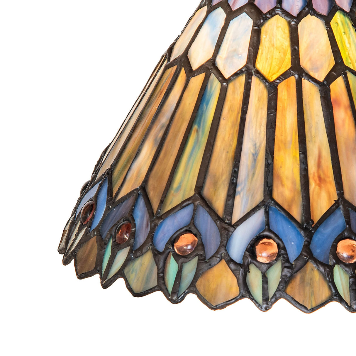 Close-up of the Tiffany Jeweled Peacock shade highlighting its intricate glasswork and jewel details.