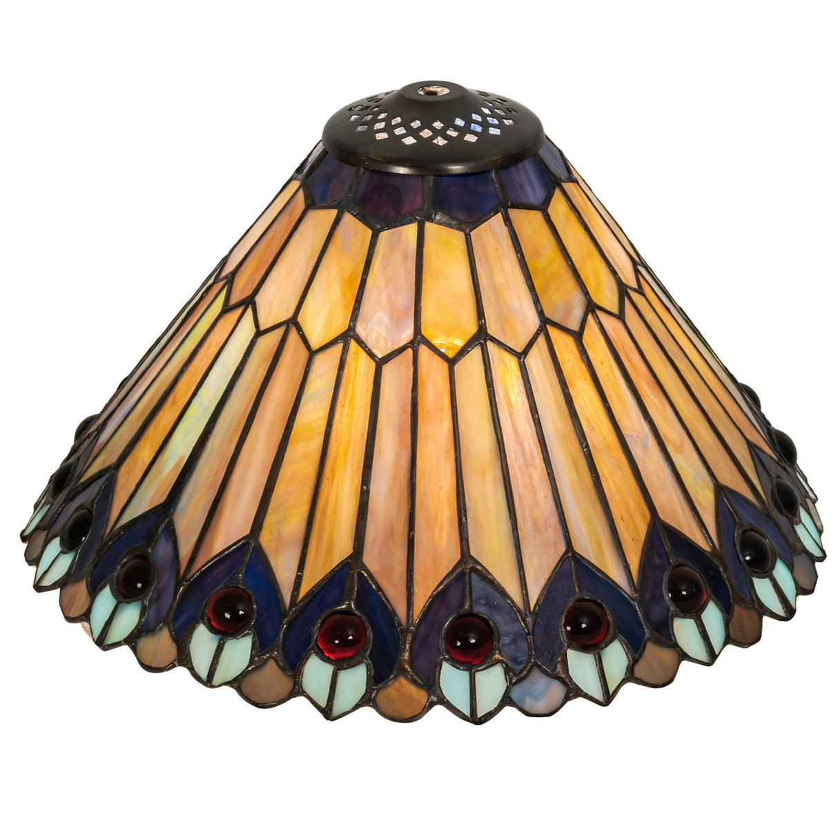 Lit view of Jeweled Peacock shade showcasing intricate stained glass patterns in warm golden tones.