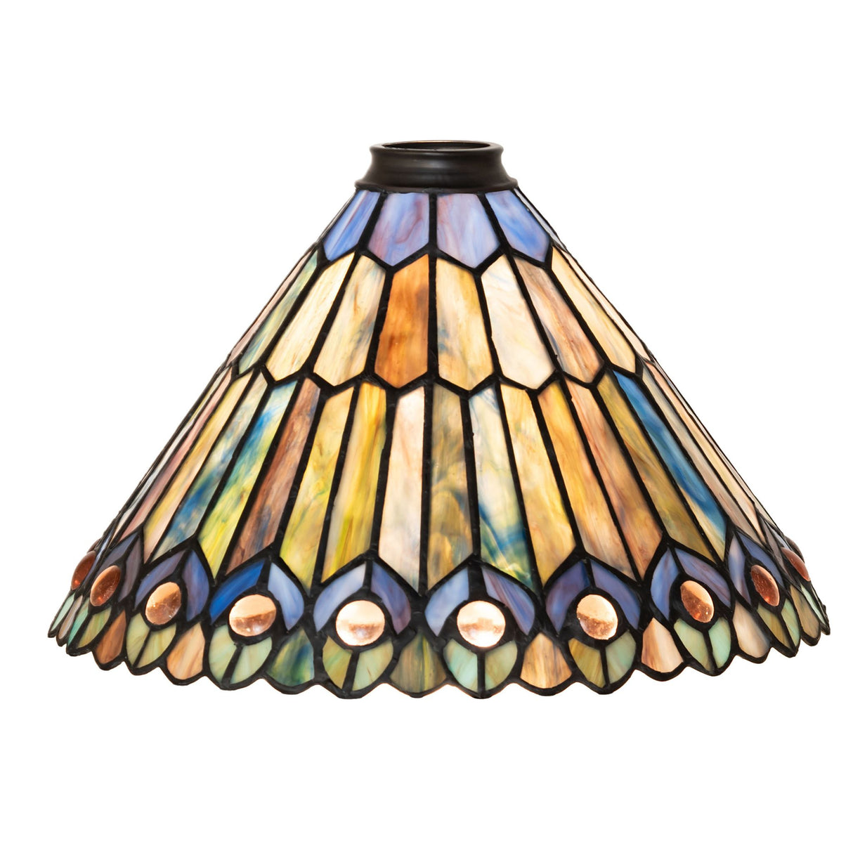 Illuminated Peacock Shade showcasing vibrant stained glass in warm beige, blue, green, and gold hues.