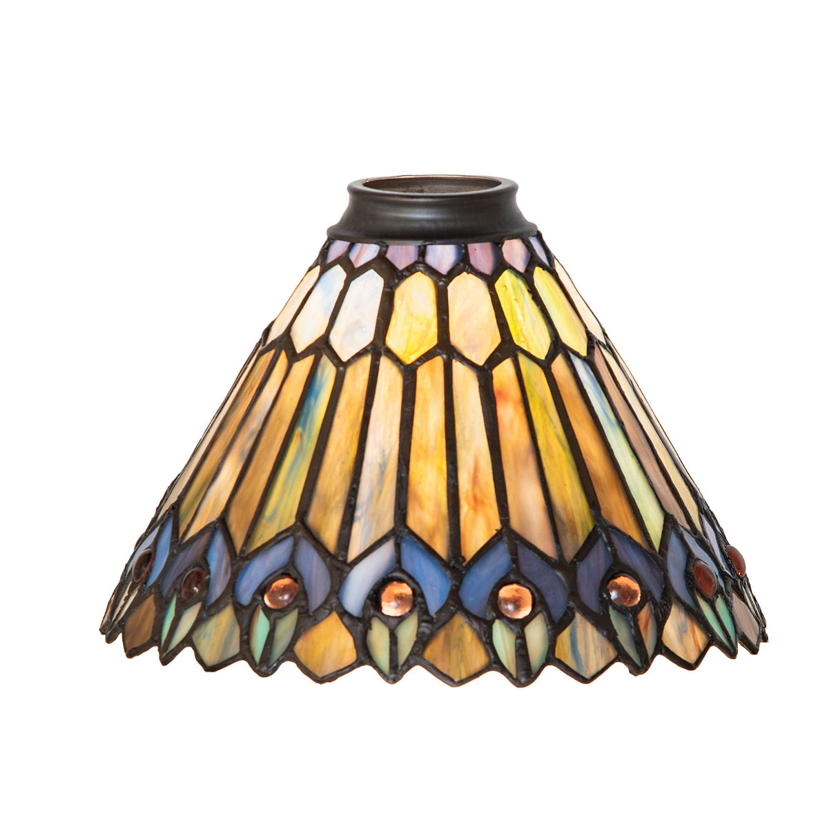 Illuminated Tiffany Jeweled Peacock shade displaying vibrant colors and jewel accents.